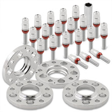 Load image into Gallery viewer, Universal 4 Piece Wheel Spacers + Extended Lug Nut Bolts Silver - PCD: 5x120 | Thread Pitch: M14x1.25 | Bore: 72.56mm | Thickness: 20mm | Lug Nuts: 45mm
