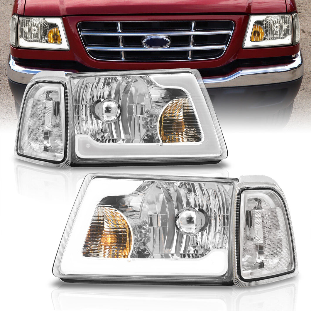 Ford Ranger 2001-2011 LED DRL Bar Factory Style Headlights + Corners Chrome Housing Clear Len Clear Reflector