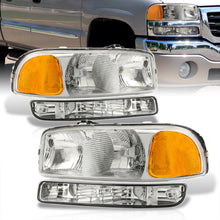 Load image into Gallery viewer, GMC Sierra 1500 1500HD 2500 2500HD 3500 1999-2006 / Sierra Classic 2007 / Yukon 2000-2006 / Yukon XL 1500 2500 2000-2006 Factory Style Headlights + Bumpers Chrome Housing Clear Len Amber Reflector
